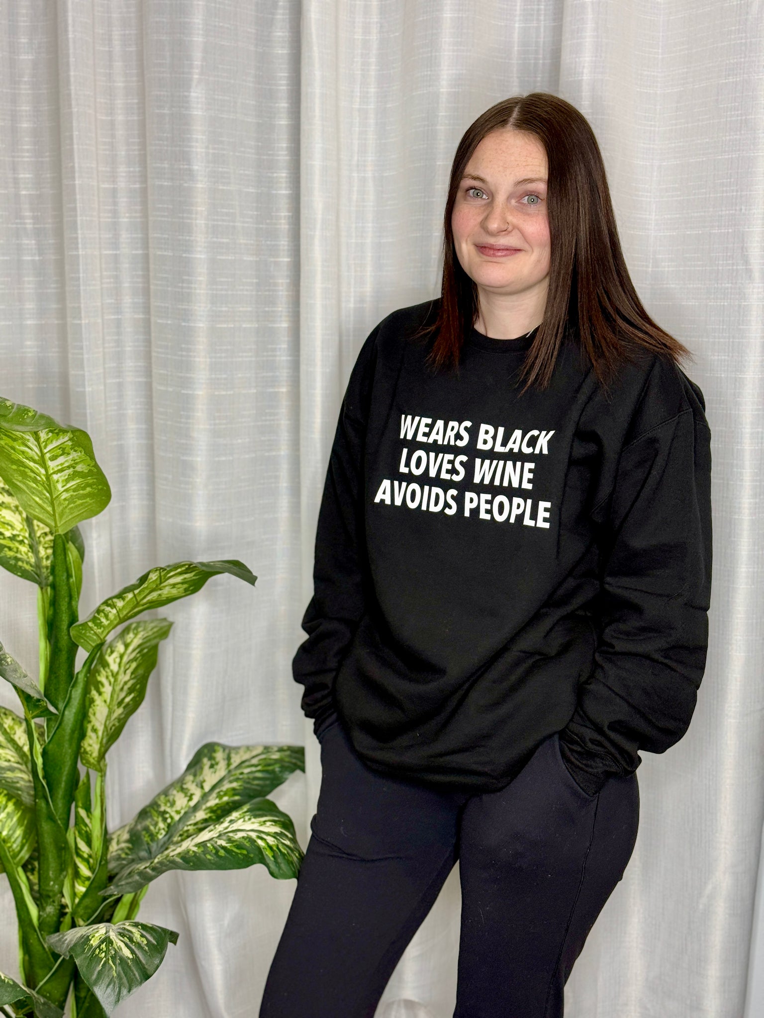 Wears Black, Loves Wine, Avoids People - Cozy Crew Neck Sweater