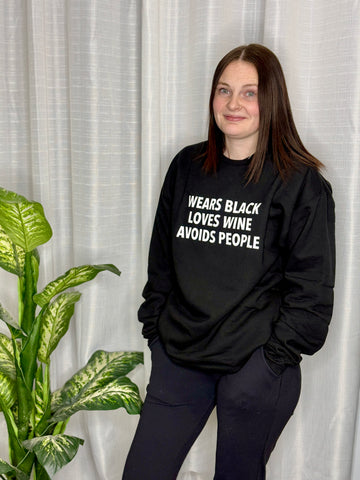 Wears Black, Loves Wine, Avoids People - Cozy Crew Neck Sweater